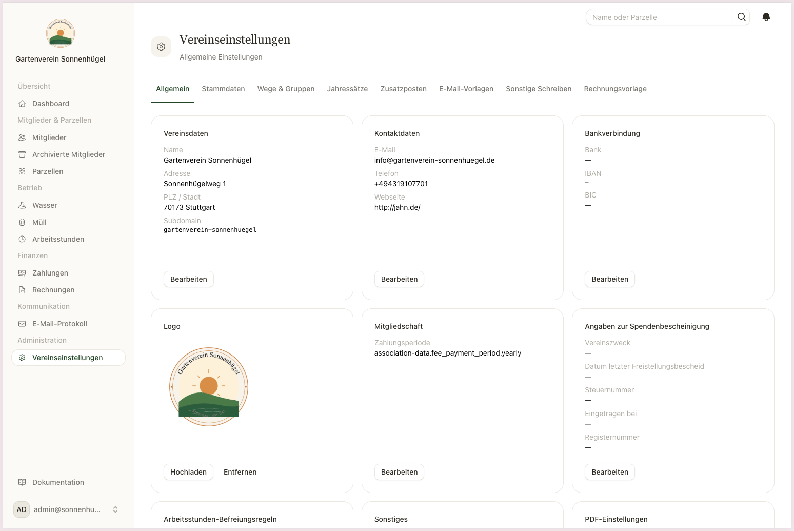 Vereinseinstellungen — Stammdaten, Kontakt, Bank, Logo